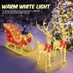 3 Piece Lighted Christmas Reindeer and Sleigh 4 ft Reindeer and Sleigh Outdoor Decorations Yard Decorations with LED Lights and Bow Tie for Yard, Garden, Lawn Decoration (Gold,Metal)