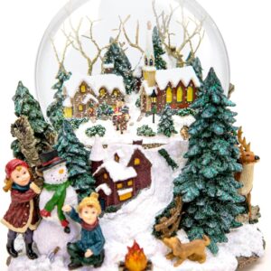 Large Christmas Village Snow Globe Music Box, Automatic Snowfall & Lights, Handcrafted Winter Scene, Lit Houses, Campfire, Leise Rieselt Der Schnee Tune, Perfect Holiday Decoration